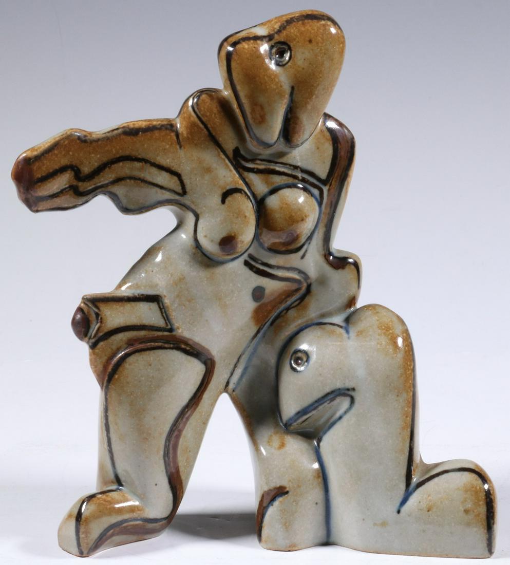 BING & GRONDAHL FIGURE BY STEN LYKKE MADSEN (DENMARK,: Danish Stoneware Figurine, designed by Sten Lykke Madsen from his 'Abstract' line of figures, #7051, depicting a standing figure in tan and brown glazes, with B&G mark, incised 'STEN' and inked 'FO' o