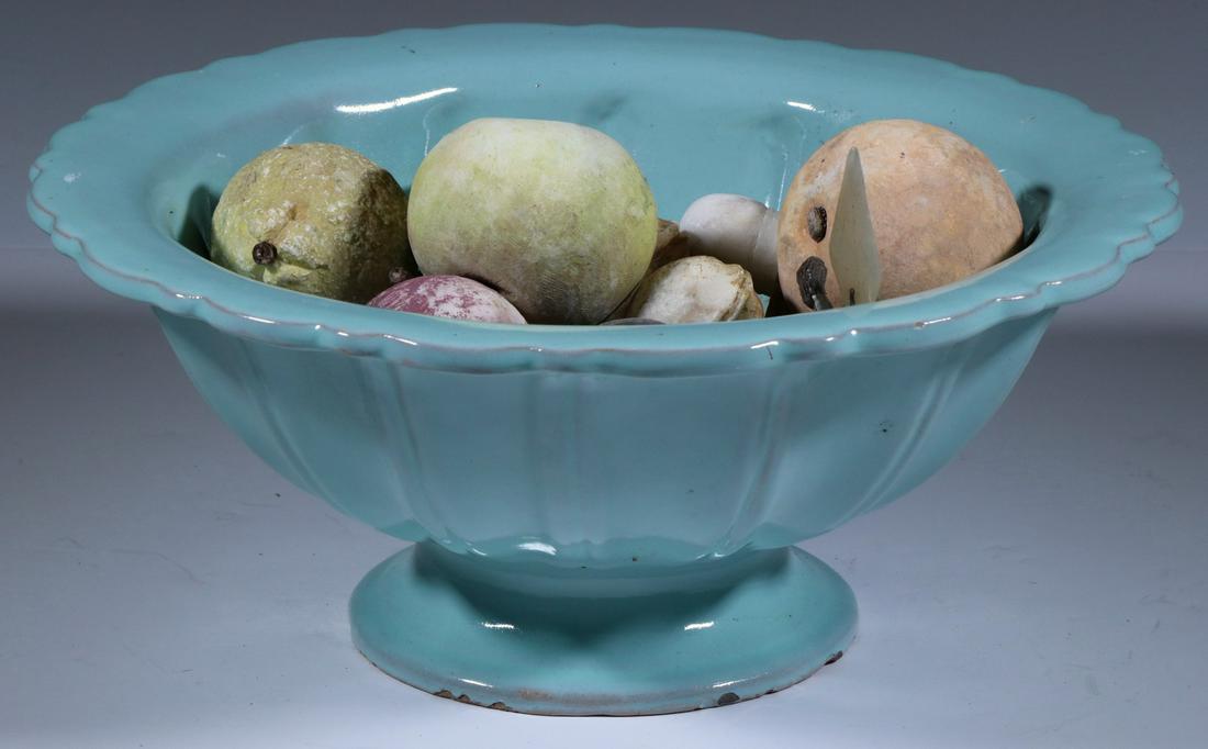 POTTERY BOWL WITH STONE FRUIT: Vintage Celadon Glazed Pottery Bowl, with (15) pieces of assorted stone fruit, bowl: 6" high, 13 3/4" diam. Base edge frits, fruit is discolored.
