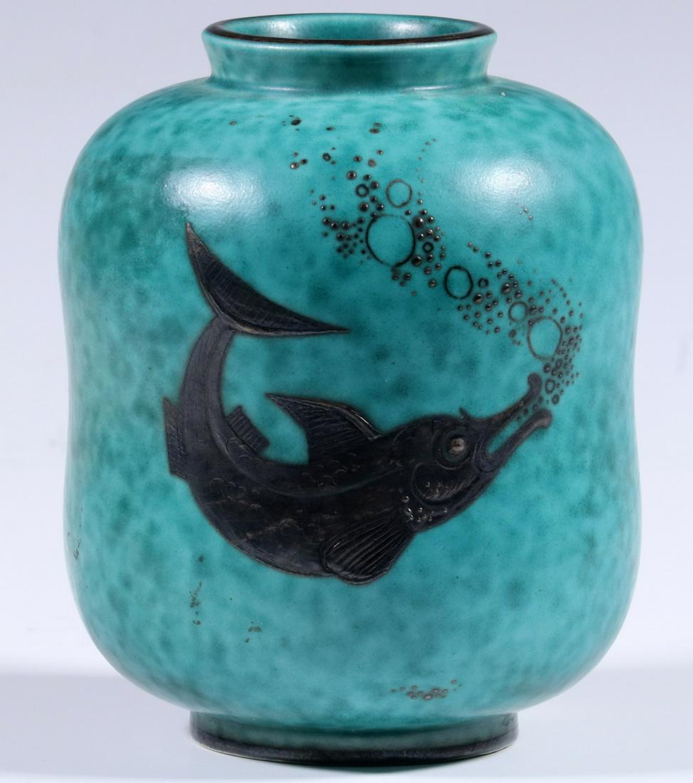 GUSTAVSBERG ARGENTA POTTERY VASE: Mid-20th c. Swedish Art Pottery Vase, with silver inlay, designed by Wilhelm Kage for Gustavsberg, inlaid with fish decoration, stamped on base with Gustavsberg anchor mark, 'Argenta, 1079 I, Made in