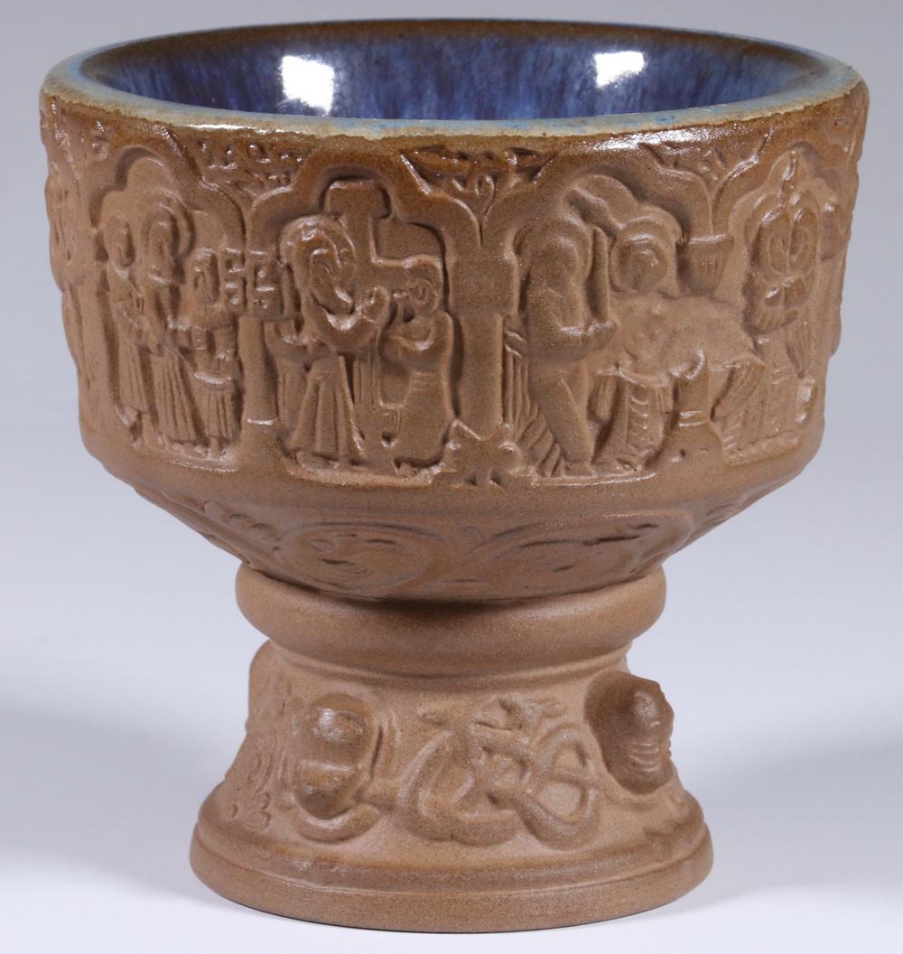 MICHAEL ANDERSEN DANISH ART POTTERY CHALICE: Mid-Century Danish Art Pottery Baptismal Font Form Chalice, from the Michael Andersen & Sons pottery in Bornholm, Denmark, a reproduction of the 13th c. font in Bornholm's Aa Kirke (Church), with glos
