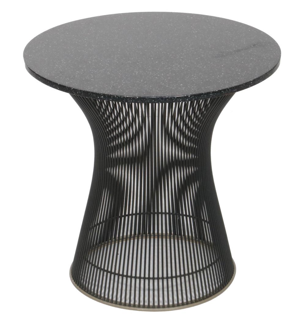 KNOLL PLATNER SIDE TABLE: Modernist Bronze Wire Base with inset glass top, as issued, and an additional granite composition top sitting loose on top. 18" x 15 1/2", 19" diam. secondary top. Fine condition.