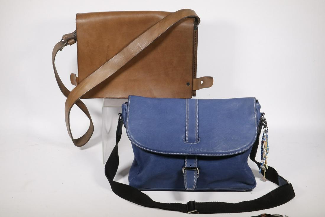 (2) LEATHER SATCHELS: Lot of (2) Finely Crafted Leather Satchels, incl: Cole Haan shoulder bag or briefcase, in blue leather, buckle front closure, multiple interior pockets, one with zipper, adjustable shoulder strap, 11