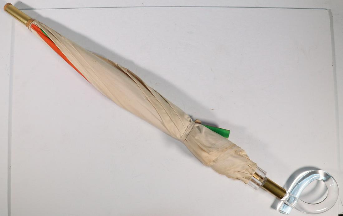 GUCCI UMBRELLA: Vintage Umbrella by Gucci Italy, with polished wooden central pole and acrylic twist handle, light tan canvas fabric with green and red stripe, strap and button closure, 'Gucci Italy' button on metal 