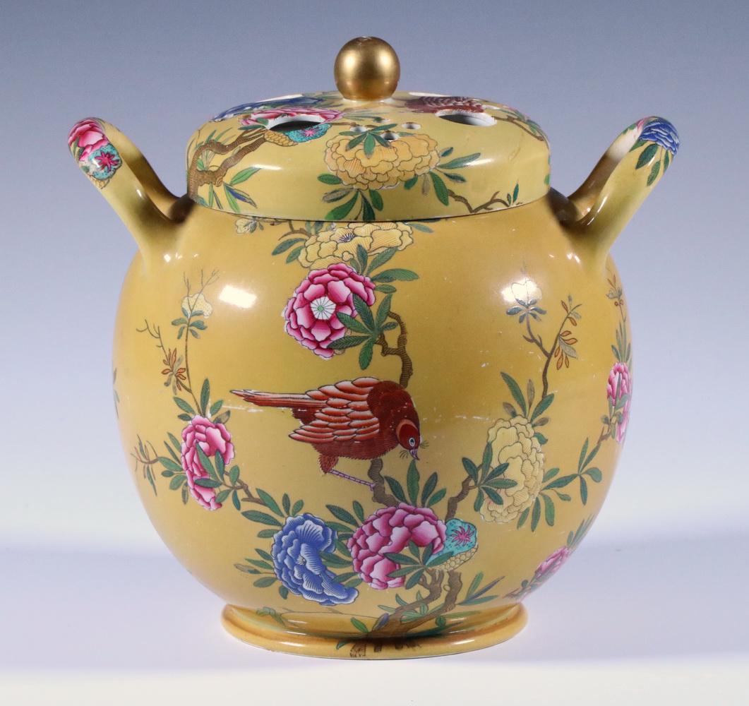 EARLY SPODE POTPOURRI JAR: Late 18th - Early 19th c. Spode English Porcelain Potpourri Pot, double handled with Chinoiserie bird and floral decoration over a yellow ground, pierced top with gilded finial, inner lid, black trans