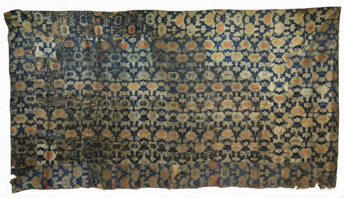 JAPANESE SILK ALTAR COVER: Japanese Meiji Period Finely Woven Silk Textile, c. 1900, with morning glory design, tan silk backing, 42" x 78 1/2". Tears, areas of wear, stains, losses to corners.