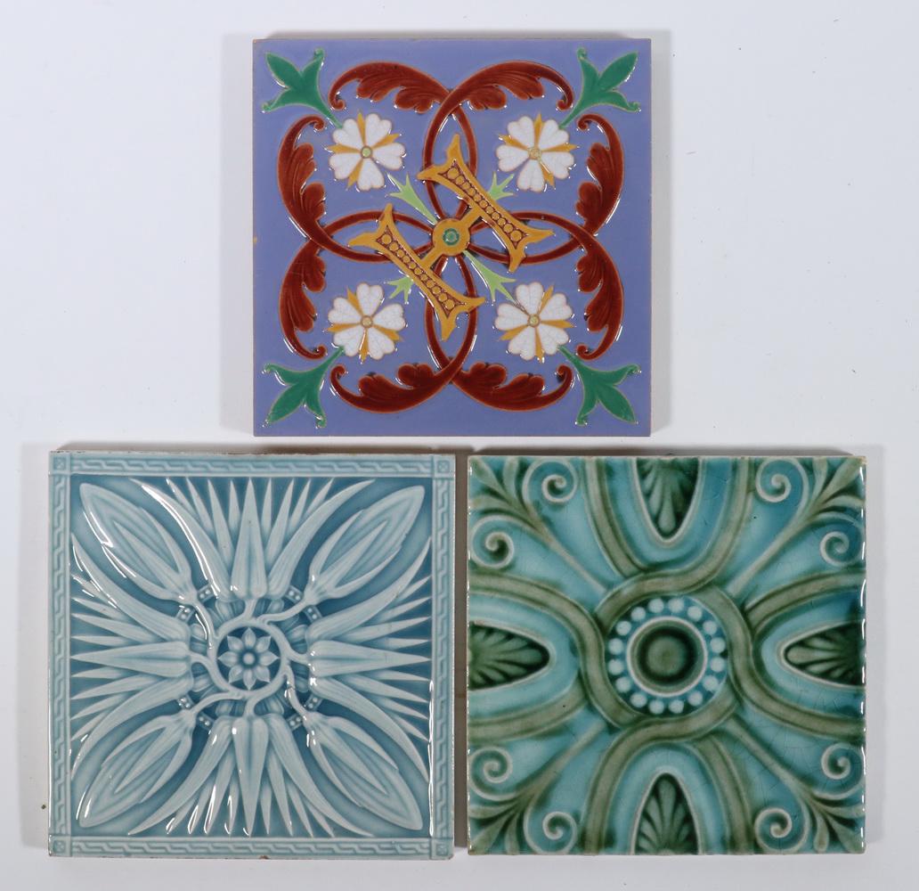 (3) ENGLISH ART NOUVEAU TILES: (3) Late 19th - Early 20th c. English Tiles, with relief molded decoration, incl: Minton Hollins (Stoke-on-Trent) c. 1868 multicolor tile, with floral and "H" decoration, purportedly designed and made