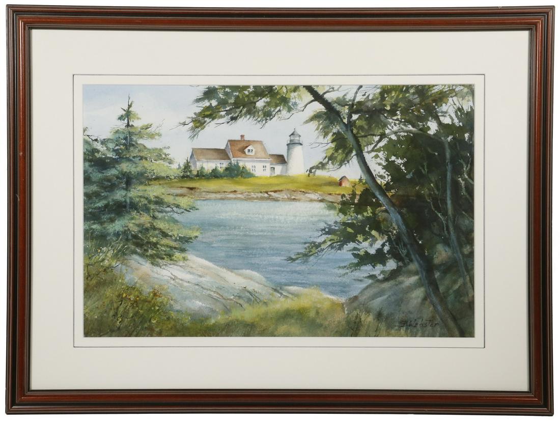 LIGHTHOUSE WATERCOLOR BY B. WEBSTER: View of Burnt Island Light, Boothbay Harbor, ME, watercolor, signed lower right 'B. Webster', in a molded wooden frame with incised and lined cream color mat, OS: 23 3/4" x 17 1/2", SS: 11 x 17. Good 