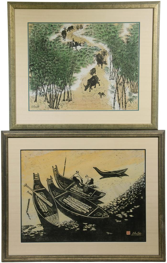 (2) FRAMED LARGE VIETNAMESE WOODBLOCK PRINTS: Possibly by Luu Cong Nhan (1931-2007), including: Four Beached Fishing Boats & Water Buffalo on Trail, illegibly signed, with seal, both in gold ribbed frame, silk mats, glazed, OS: 23" x 29" & 22" x