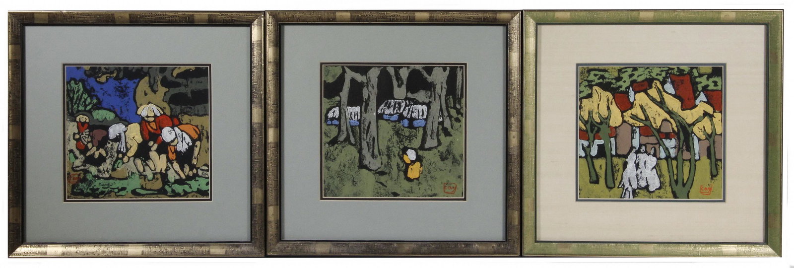 UNIDENTIFIED LATE 20TH C. VIETNAMESE PRINTMAKER: (3) Views of Vietnam Village Life, linocuts in color, signed with seal, numbered verso, in alternating black and green frames, matted and glazed, OS: 11 1/2" x 12", SS: 6" x 6 1/2". Fine condition.