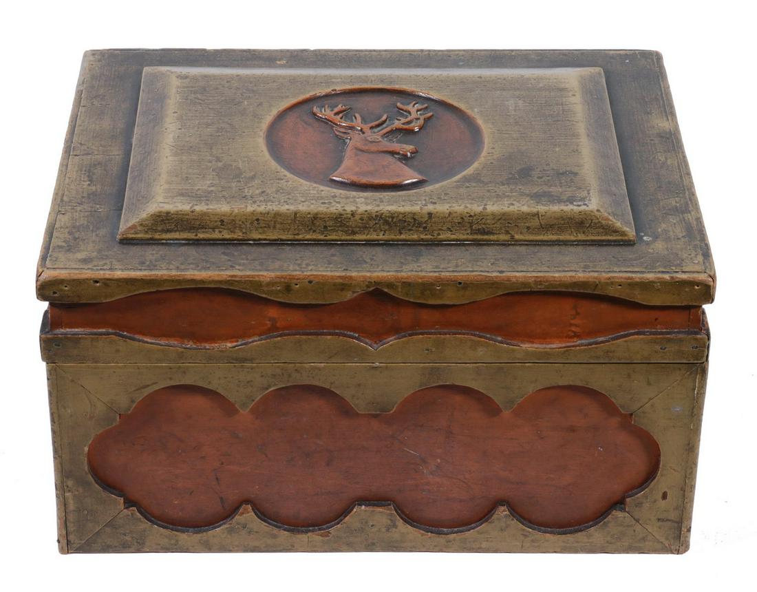 CARVED BOX WITH DEER HEAD: Folk Art Softwood Box, lid with carved deer head, sides with overlaid shaped panels, distressed painted surface, terra cotta painted interior with lift out tray, 7 1/2" high, 13 1/2" x 10". Surface we