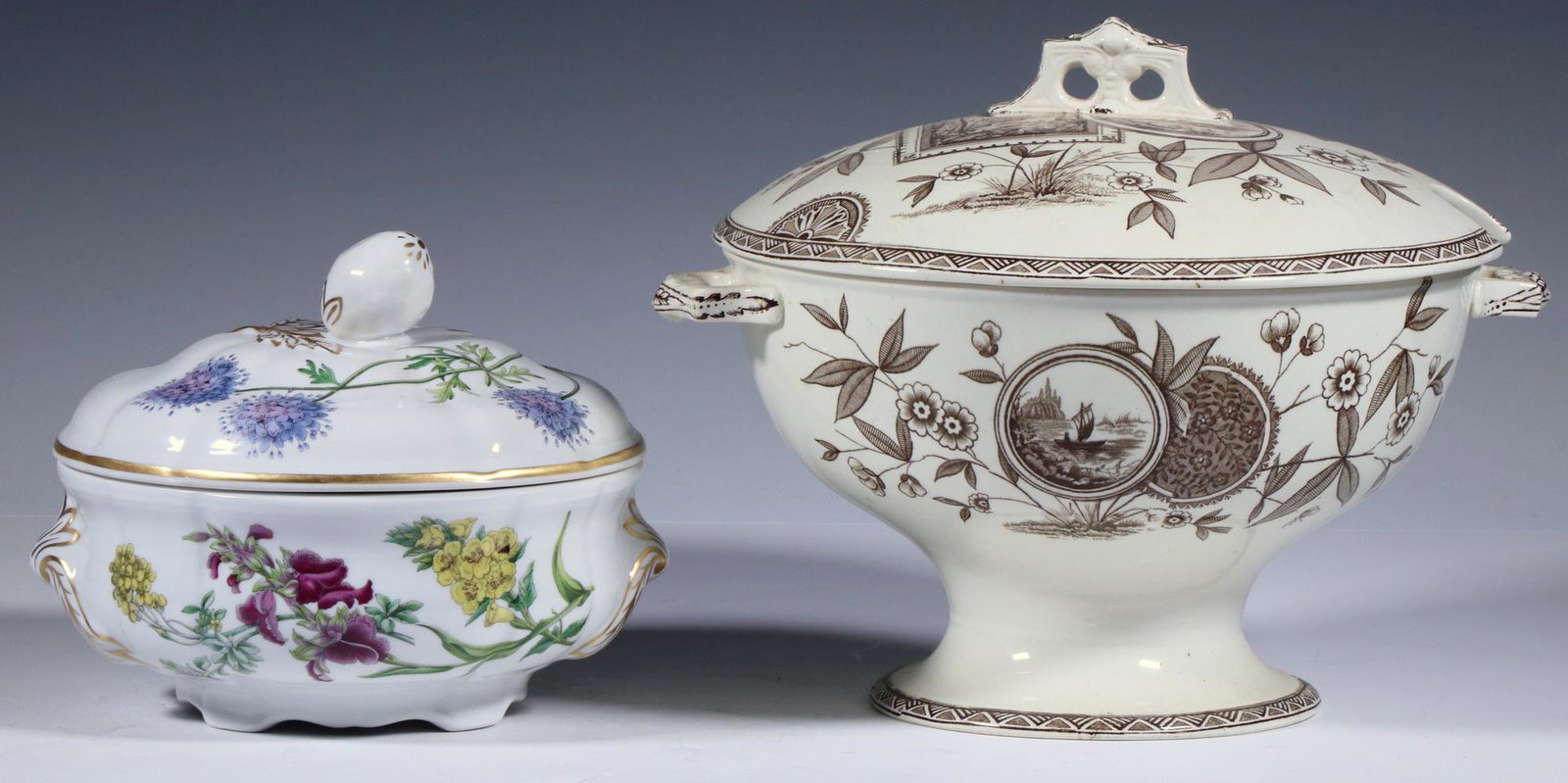 TRANSFERWARE TUREEN & SPODE CASSEROLE: Lot of (2) Lidded Serving Dishes, incl: Late 19th c. Aesthetic period English brown transferware footed soup tureen with side handles, unmarked, 9" high, 12" wide; and Spode Stafford Flowers pattern c