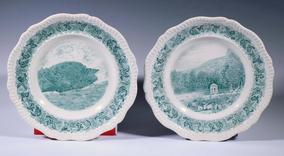 (2) COPELAND SPODE BAR HARBOR, ME SCENIC PLATES: Lot of (2) Green Transferware Bar Harbor, ME Scenic Plates by Copeland Spode, mid-20th c., one depicting a scene in Acadia National Park and the other Great Head, Bar Harbor, 10 3/4" diam. Minor base 