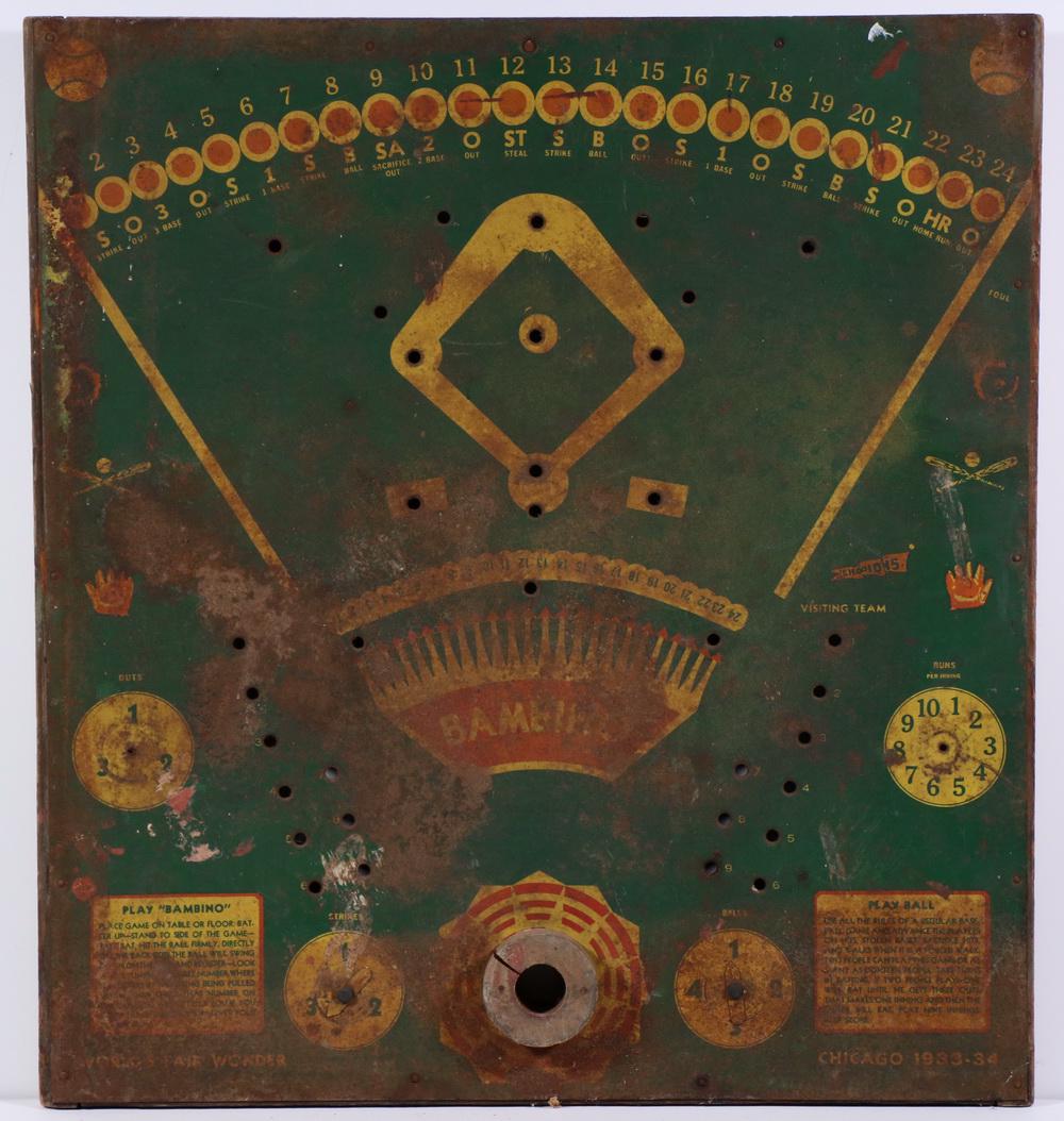 TIN LITHO BASEBALL GAME, CHICAGO WORLD'S FAIR, 1933: "Bambino" ( the nickname of Babe Ruth), also marked "Worlds Fair Wonder, Chicago, 1933-34", missing game pieces, 21" x 19 1/2". Corrosion.