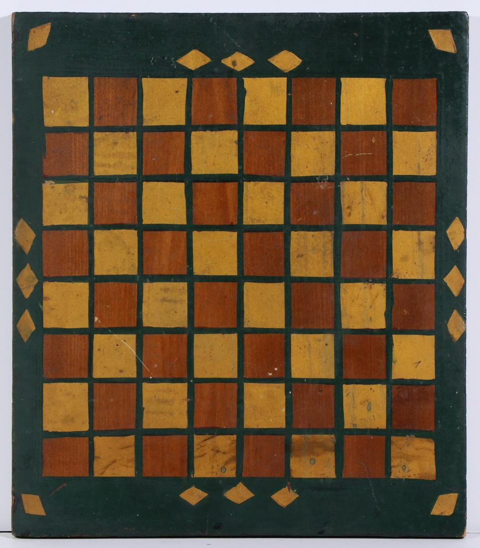 EARLY 20TH C. PAINTED WALNUT CHECKERBOARD: Painted in dark green enamel and gold radiator paint, with alternate squares unpainted, showing the natural walnut, 15 3/4" x 13 1/2". Scratched.