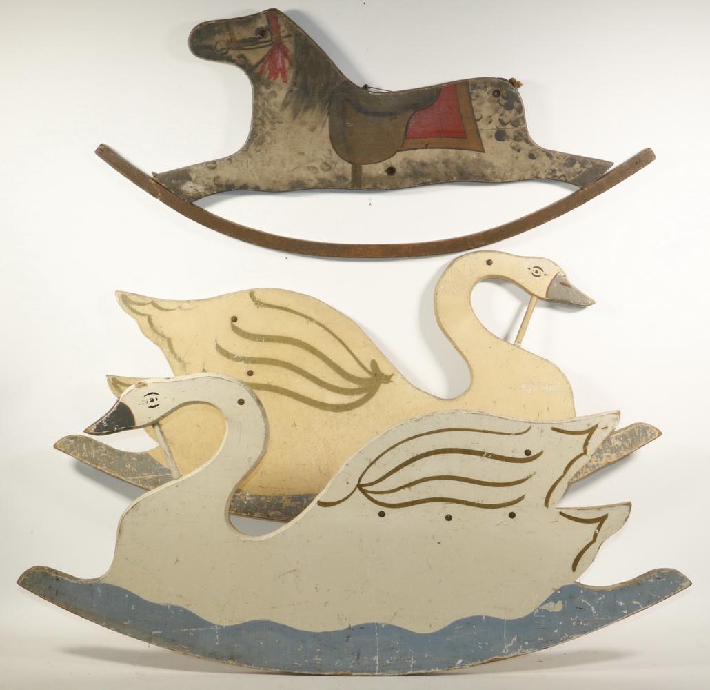 (3) WOODEN ANIMAL PLAQUES: Lot of (3) Vintage Painted Wooden Plaques, probably crafted from rocker toys, incl: (2) Swan form plaques, 14 1/2" high, 33 3/4" wide, paint losses; and Rocking horse plaque, with attached hanging wir