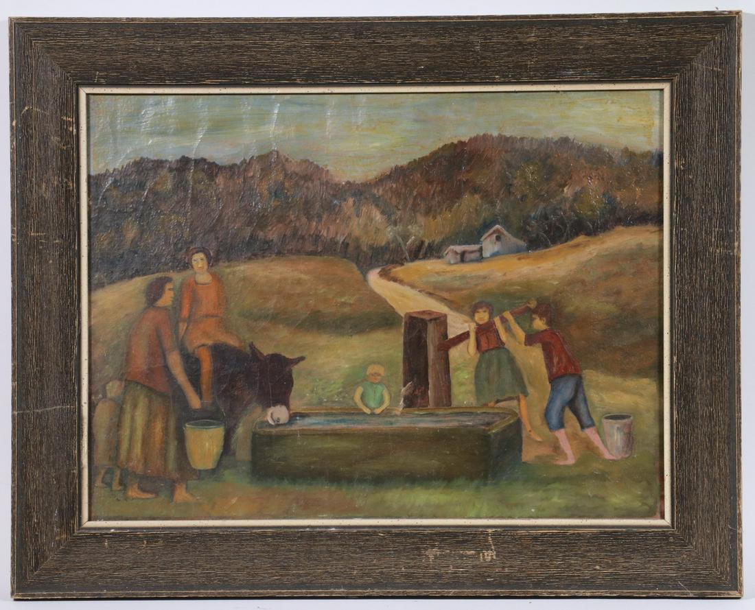 PRIMITIVE FARM SCENE, OIL ON CANVAS: Gathering at the Water Trough, unsigned on front, but marked 'Ray Anderson' on the stretcher, found in Maine, in a flat basswood frame with white liner, OS: 19 1/2" x 24 1/2", SS: 14 1/2" x 19 1/2". C