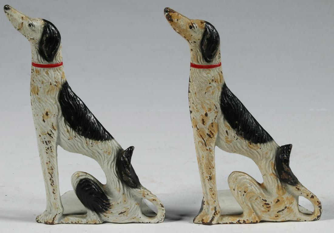 PR SPENCER IRON WOLFHOUND - BORZOI BOOKENDS: Pair of Early 20th c. Painted Iron Dog Bookends by Spencer Foundry, Guilford, CT, in the form of wolfhounds or borzois, 6 1/4" high, 3 1/2" x 2 3/4". Paint losses.