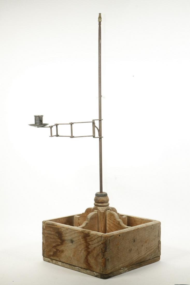 EARLY MAKE-DO CANDLE LAMP: 18th c. Wood and Iron Candle Lamp, dovetailed construction box form base, with inserted pole form iron candleholder with adjustable arm and brass top finial. Box is 8 1/2" high, 10 3/4" sq. 31" high w