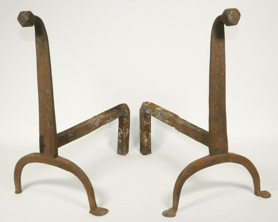 PR EARLY WROUGHT IRON ANDIRONS: Pair of 18th c. Faceted Ball Wrought Iron Andirons, with penny feet, 18" high, 10 3/4" x 18 1/2". Surface rust, lost to one foot.