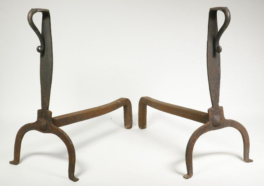 PR EARLY WROUGHT IRON ANDIRONS: Pair of 18th c. Wrought Iron Andirons, with curled fronts, 17" high, 9" x 17". Surface rust.