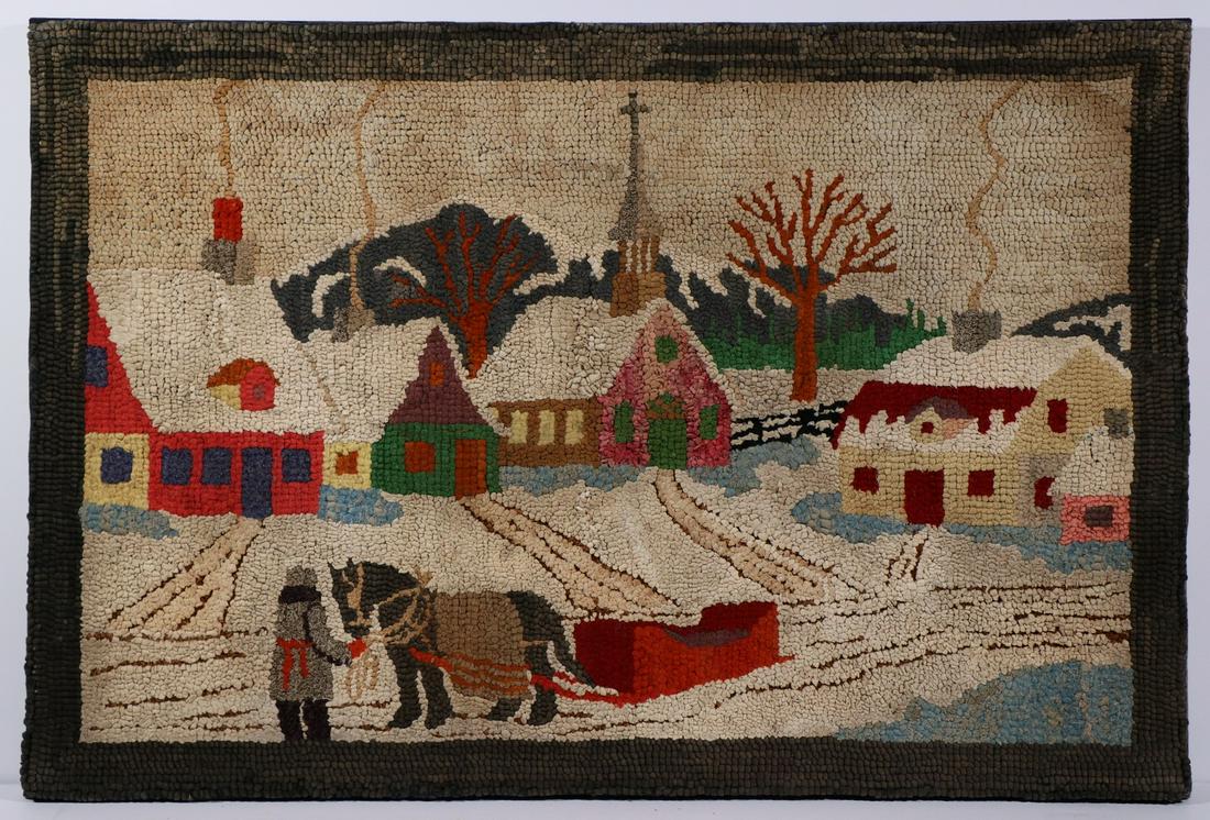 EARLY 20TH C. CANADIAN PICTORIAL HOOKED RUG: Winter Scene with man standing with horse drawn sledge in front of three houses and a church, on grey cloth covered stretcher for wall hanging, two photos verso show the original burlap backing having