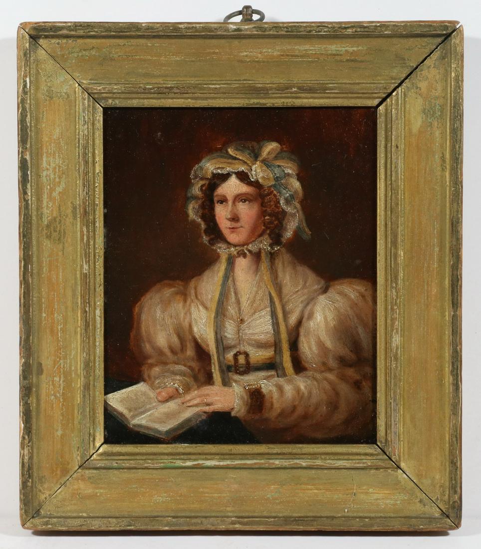 19TH C. PORTRAIT OF A YOUNG WOMAN: Early Portrait of a Woman with Lace Bonnet holding a book, oil on panel, marked verso 'By J. Storm, 1830', well executed painting of a well-to-do lady, in a lemon gold molded wooden frame, OS: 10 3/8"