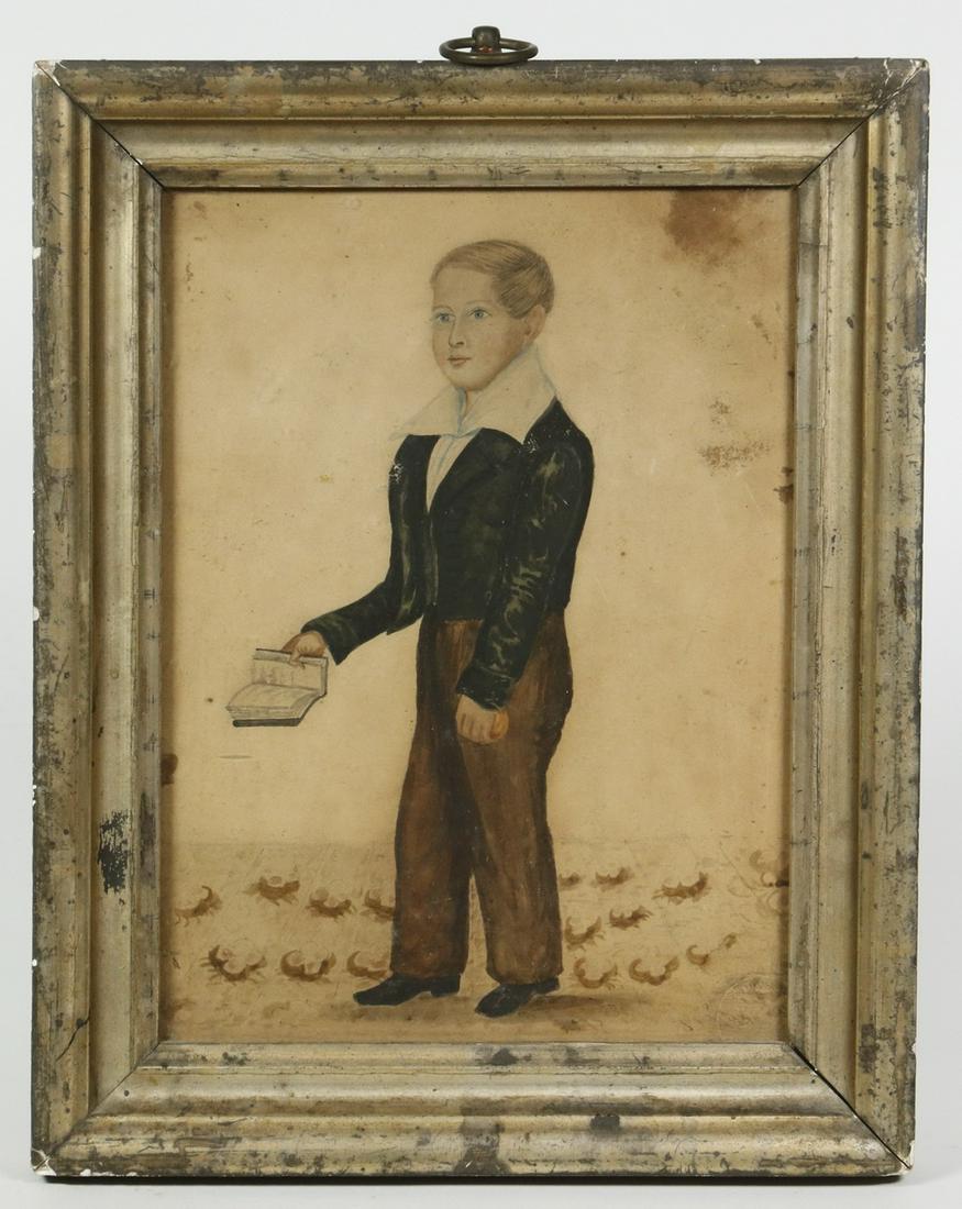 EARLY 19TH C. WATERCOLOR PORTRAIT: Early 19th c. Small Portrait of Standing Boy with Book, watercolor on paper, unsigned, in a molded lemon gold wooden frame, OS: 9 1/4" x 7 3/8", SS: 7 1/8" x 5 1/4". Toning, stains, frame edge flakes.