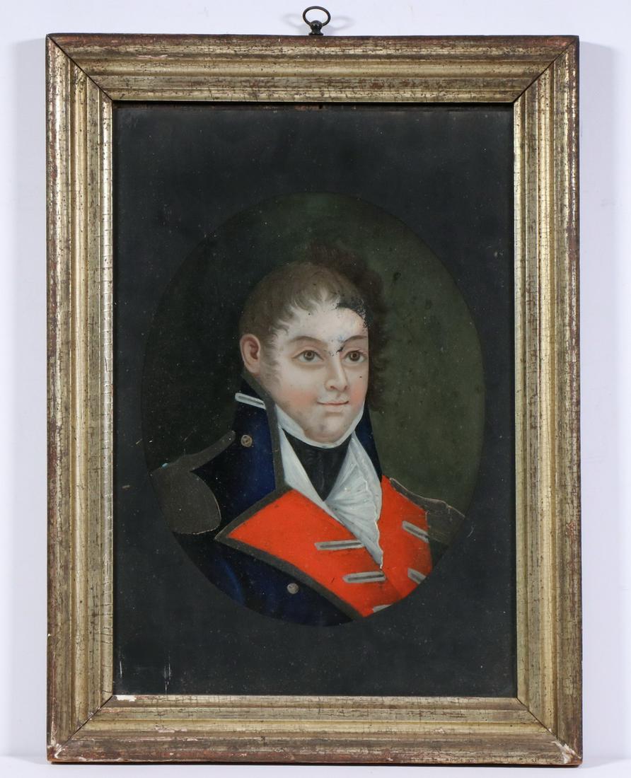 REVERSE GLASS PAINTED PORTRAIT OF A MILITARY OFFICER IN: Circa 1810 Eglomise Bust Portrait of a US Army Officer on old rippled glass, with a flat black oval spandrel, housed in the original lemon gold molded frame, OS: 17" x 12 1/2", SS: 14" x 9 1/2". Good 