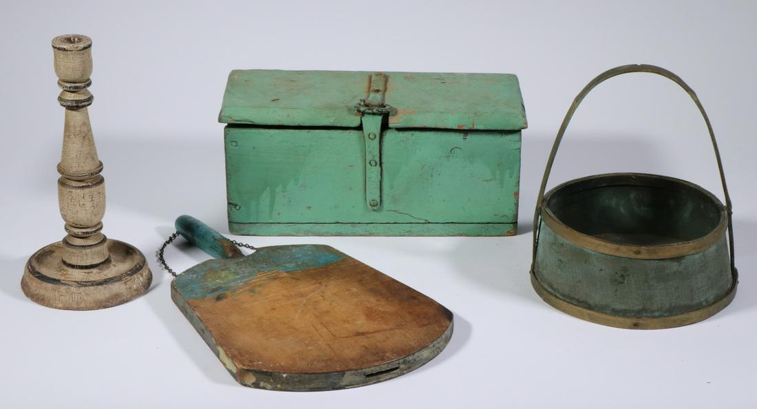 (4 PCS) EARLY PAINTED WOODENWARE: Including a Rectangular Heavy Pine Box in mint green paint, with heavy iron hinges and clasp, 6" x 12" x 5 1/2"; PLUS a Thin Open Bentwood Shallow Pail with rigid handle in blue paint, 8 1/2" x 7" dia