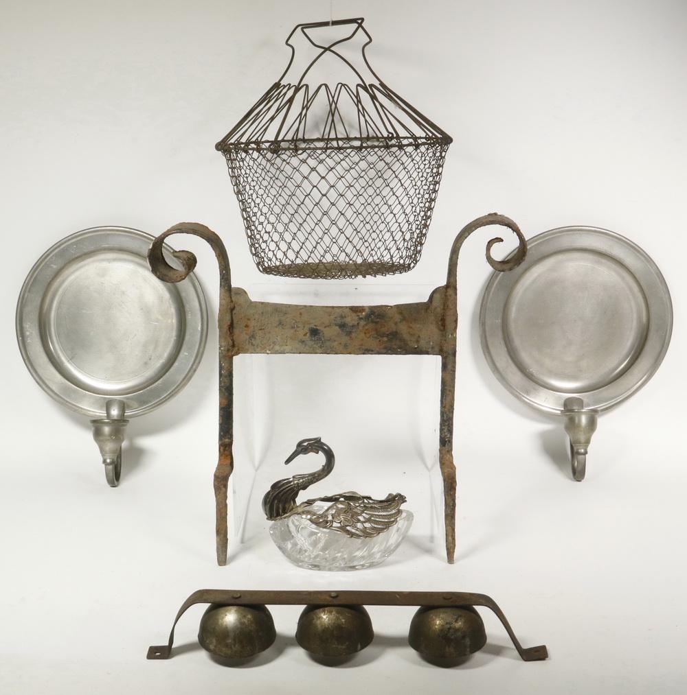 (6) ASSORTED DECORATIVE METAL ACCESSORIES: Group of (6) Vintage Metal Items, incl: Pair of pewter single socket candle sconces, by Woodbury Pewterers, 10 3/4" high, 8" wide; Metal mounted set of three iron shaft bells, 12 1/4" wide; Antique ir