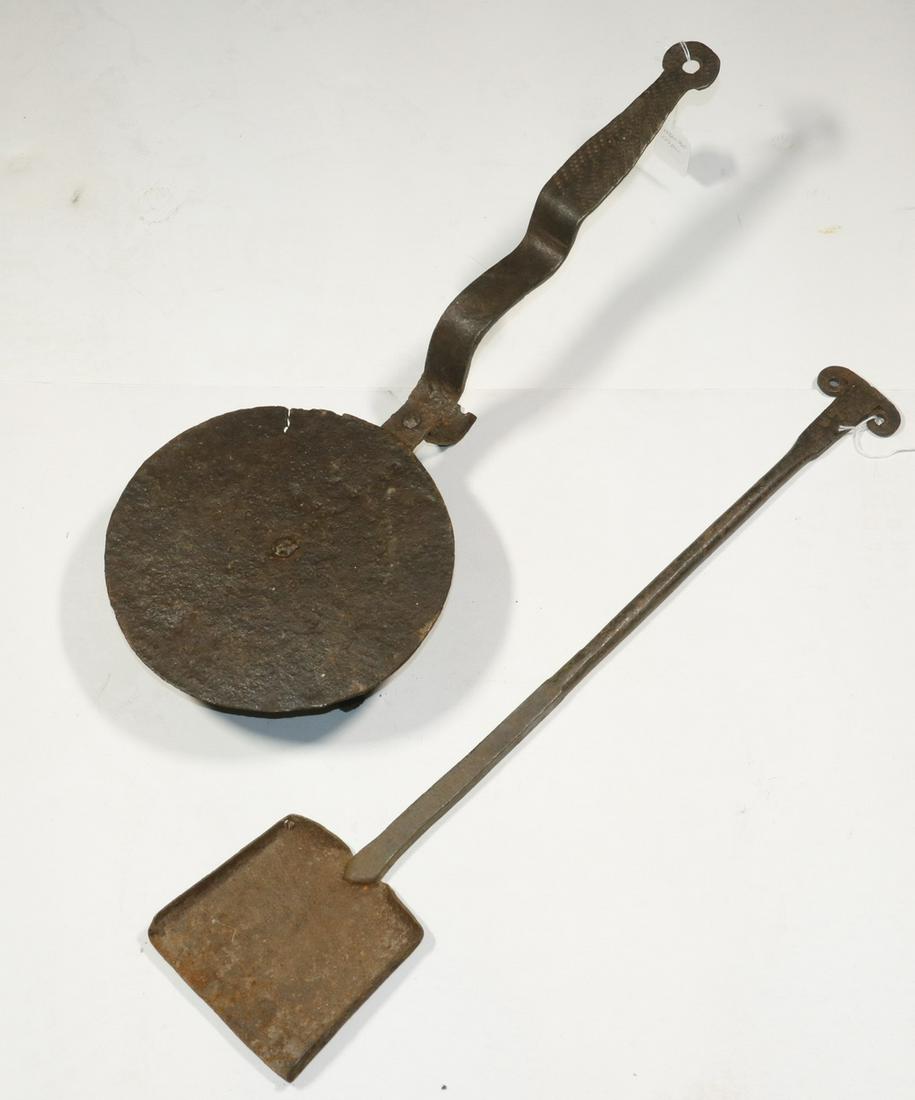 (2) EARLY HEARTH TOOLS: Lot of (2) 18th c. Wrought Iron Hearth Cooking Implements, incl: Rotating trivet or grill, with shaped, pierced and punch decorated handle, set on tripod feet, 21 1/2" long, 8 1/2" x 5 1/2", metal los