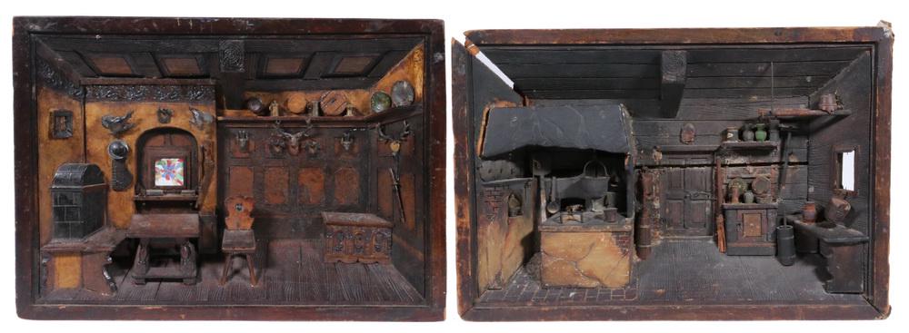 PR CARVED COTTAGE INTERIOR DIORAMAS: Pair of Austrian or German Hand Crafted Shadowbox Dioramas, early 20th c., depicting kitchen and sitting room images of a 19th c. Alpine cottage, OS: 10 1/4" x 14 1/4", 2" deep. Kitchen image has shri