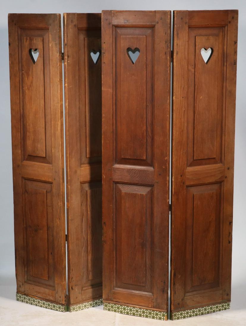 (2 PR) SHUTTERS WITH HEARTS: Lot of (2) Pairs of 19th c. Double Raised Panel Wooden Shutters, top panel with cut-out heart decoration, each pair is hinged together with early iron hinges, base edge with applied green and white de
