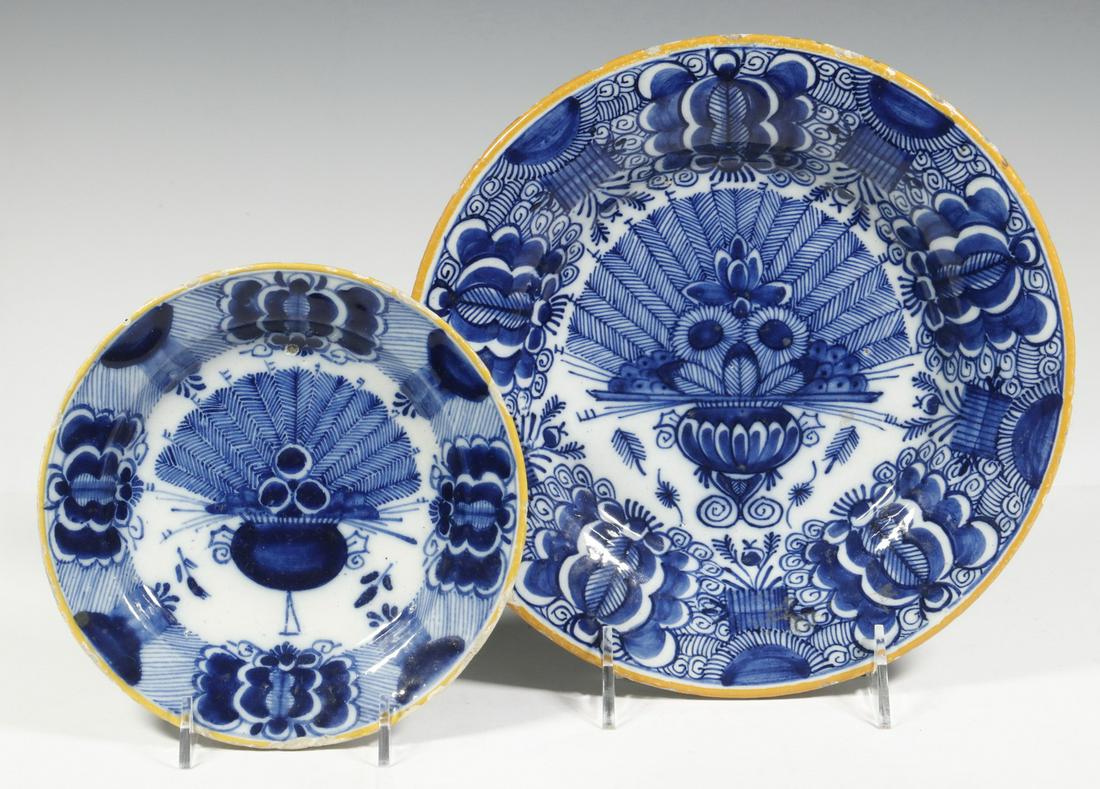 (2) EARLY DUTCH DELFT PLATES: Lot of (2) Pieces of 18th c. Blue & White Delft Plate, peacock or fan pattern decoration with yellow rim, incl: 9" diam. plate with the mark of Quirinus Mesch, rim glaze frits and small chips; and 6 1