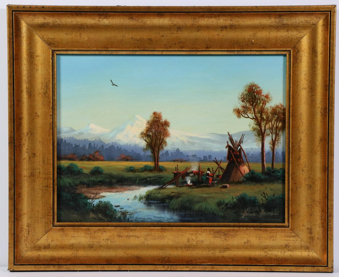 HEINIE HARTWIG (CA, 1937 - ): "Western Landscape" depicting Native American camp on a stream bend, distant snowy mountains; oil on Masonite, signed lower right, in gold cove frame, OS: 13 1/4" x 16 1/4", SS: 8 1/2" x 11 1/2". Fine