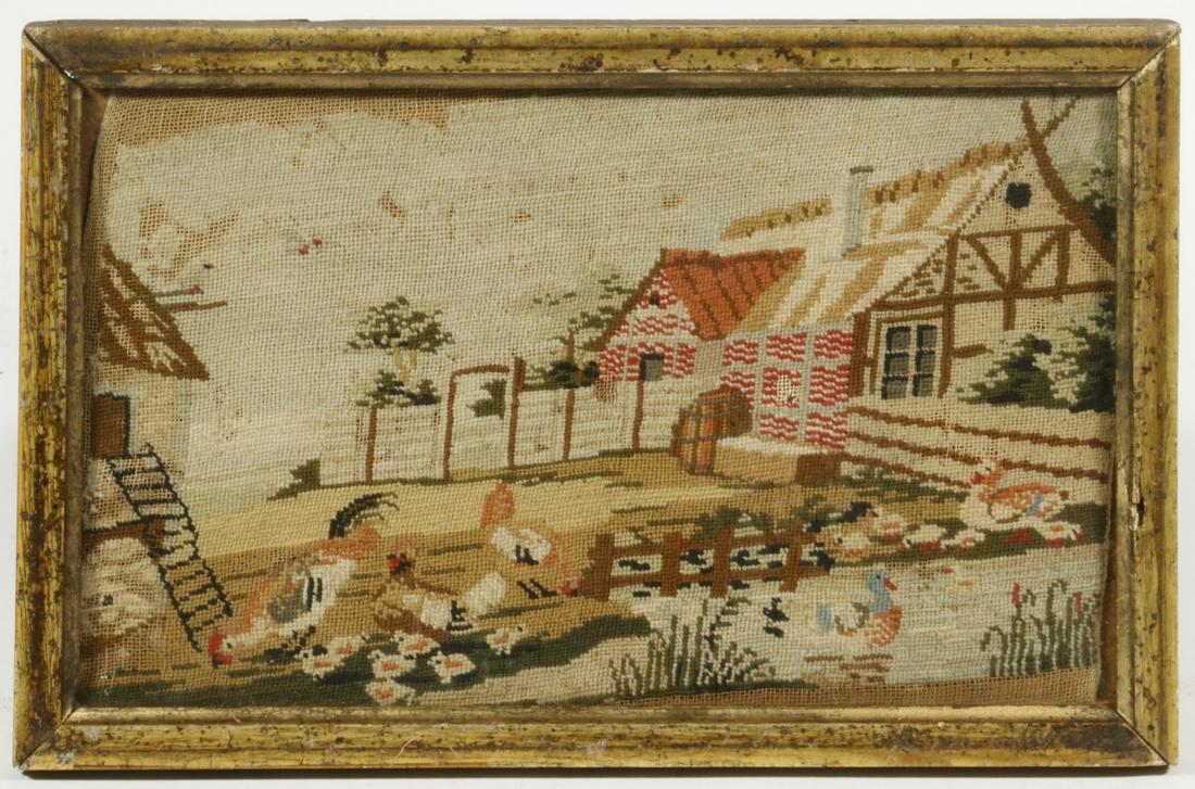18TH C. AMERICAN NEEDLEWORK PICTURE: Early Needlework depicting a Farm Scene, with farmhouse, chickens and ducks, in a lemon gold frame, OS: 6" x 9 1/21". Losses to stitching in sky, textile needs restretching (currently wrapped on cardb