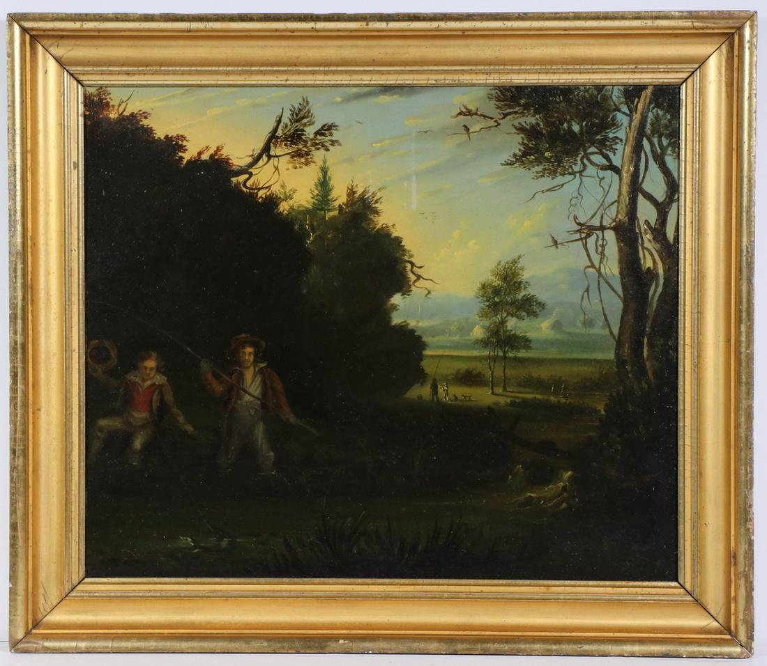 19TH C. BOSTON SCHOOL LANDSCAPE WITH CHILDREN: Two Boys Catching Trout in Stream, two more pairs of boys with dogs and fishing poles in distant valley, farmhouses with sailboat on river in far distance, oil on panel, unsigned but initialed "E.A.M.