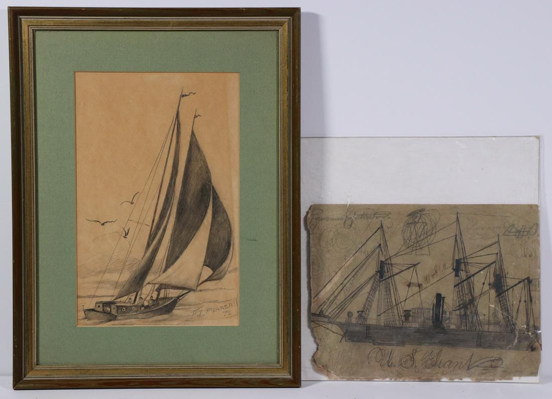 (2) EARLY GRAPHITE SHIP DRAWINGS: Including: a Naive Drawing of the USS Grant steam/sail warship, unframed, 8" x 10", damaged; PLUS a Yacht underway, signed "F.J. Pearsall, '72", in gold molded frame, matted and glazed, OS: 16 1/2" x 