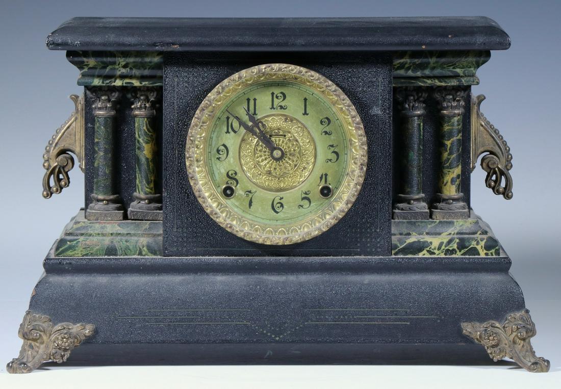 INGRAHAM MANTEL CLOCK: Late Victorian faux slate and marble Classical Revival mantel clock with gilt bronze mounts, 11" x 17" x 16 1/2". Working condition unknown.