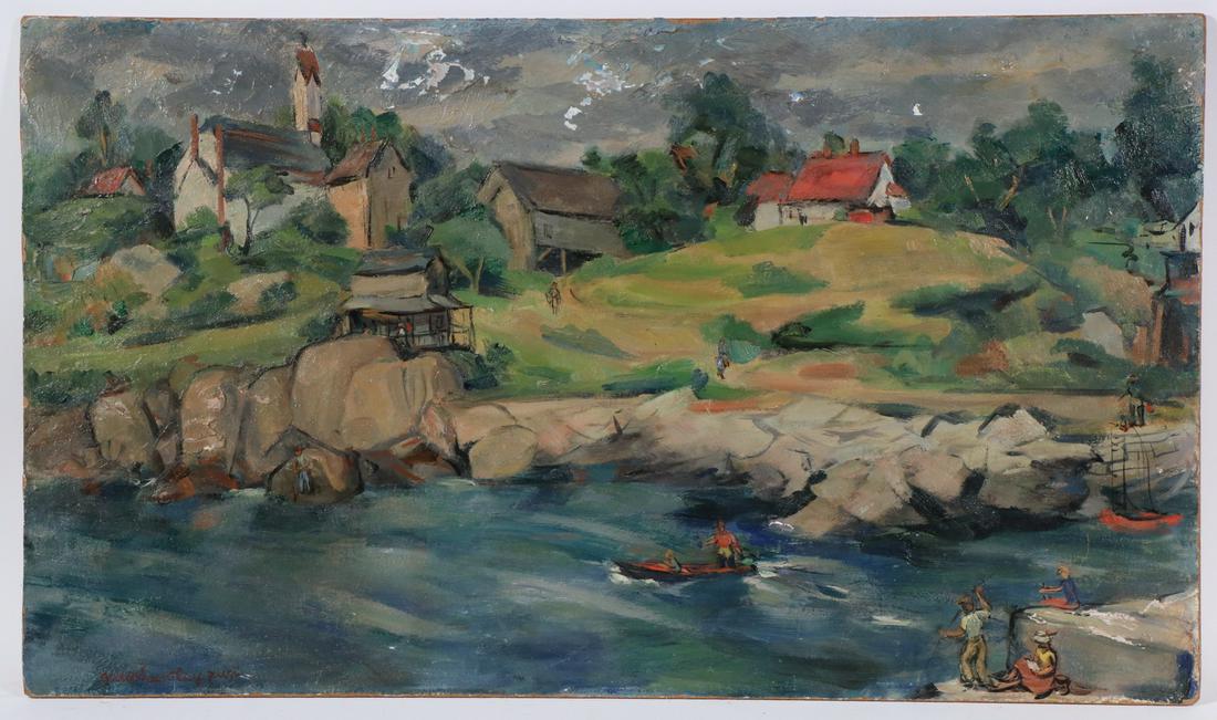 GRACE HUNTLEY PUGH (MA/NY, 1912-2010): Harbor Scene near Rockport, oil on Masonite, signed lower left, unframed, 18" x 31". Some flaking.