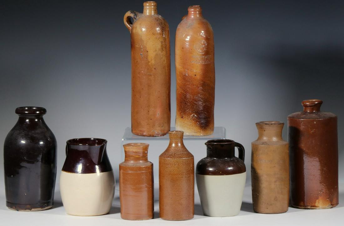(9 PCS) ASSORTED STONEWARE: Lot of (9) Pieces of 19th and 20th c. Stoneware, incl: (2) German bottles, one a mineral water bottle from the Apollinaris Spring, stamped 'Georg Kreuzberg, Ahrweiler', the other stamped 'No. 30' and 