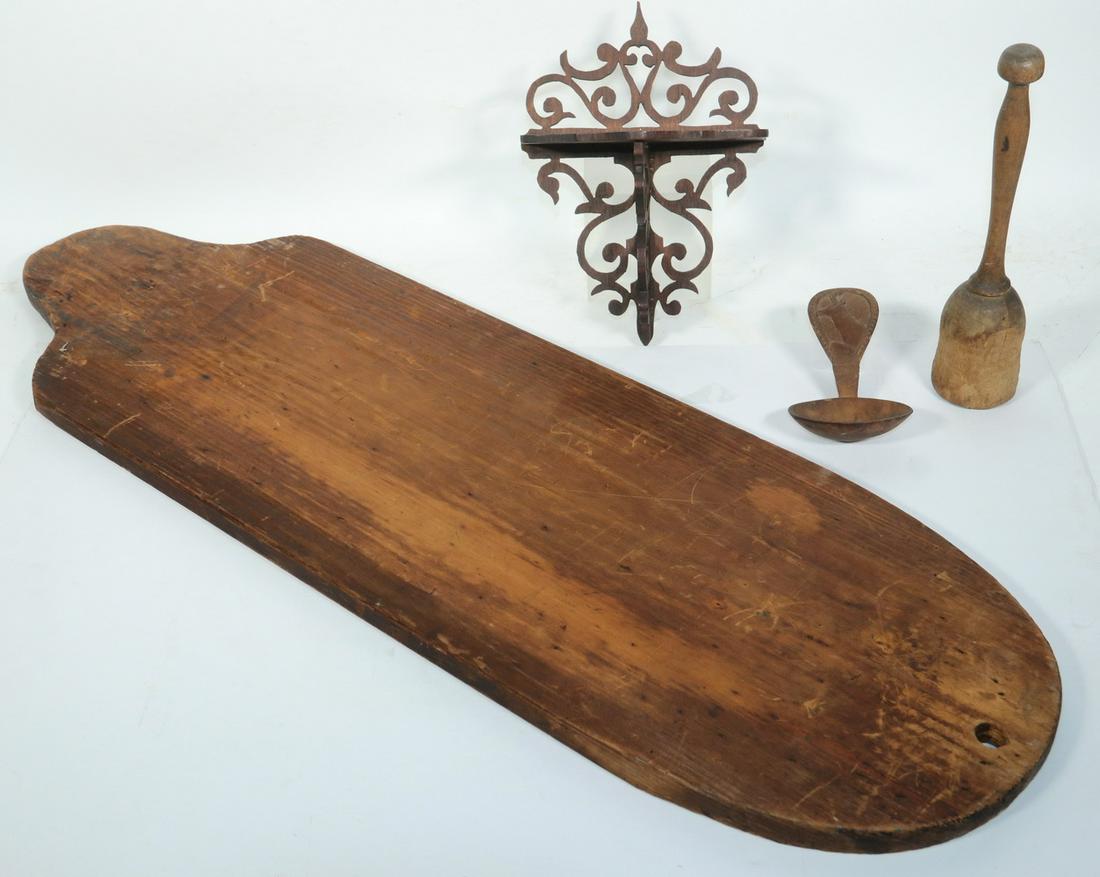 (4 PCS) EARLY TREENWARE: Lot of (4) 19th c. Wooden Accessories, incl: Large pine cutting board, elongated shape with rounded edges, 35" x 11", scratches and stains; Masher, 10 1/2" long, shrinkage cracks, heavy wear; Canadian