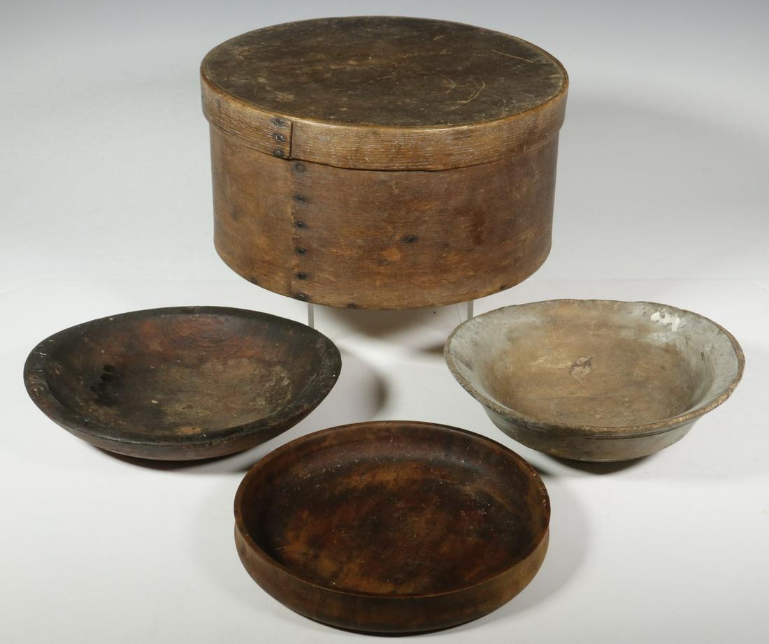(4) EARLY WOODEN ACCESSORIES: Lot of (4) Pieces of 19th c. Treen, incl: Round lidded pantry box, 5 1/4" high, 10 1/2" diam.; Turned footed bowl, traces of blue paint, 2 1/2" high, 8" diam.; Turned low bowl, 1 1/2" high, 8 3/4" dia