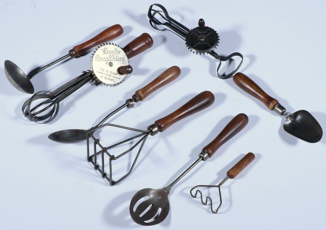 (8 PCS) EARLY CHILD SIZED SET OF KITCHEN IMPLEMENTS: Mostly with wooden handles, including (2) beaters, (2) mashers, (2) spoons, a ladle and a scoop, one beater is marked "Betty Taplin", several other pieces are stamped B&G. 3 1/4" to 7" long. Good cond