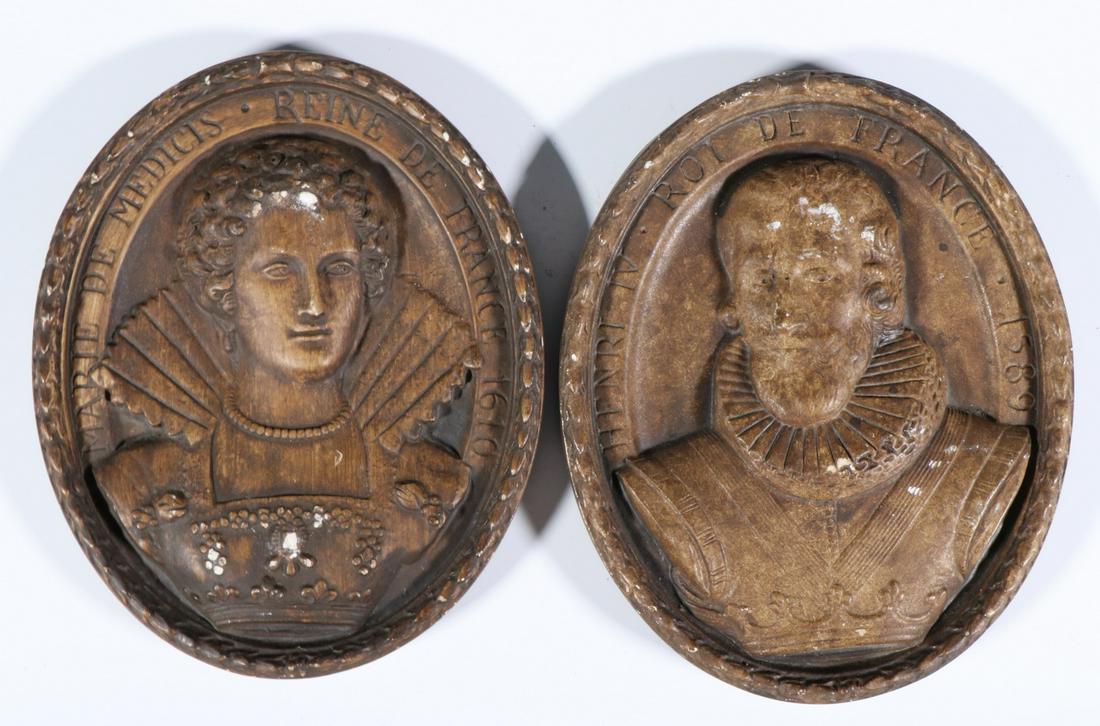 PAINTED PLASTER CARTOUCHE PORTRAITS OF FRENCH KING AND: "Henri IV, Roi de France, 1589" & "Marie de Medicis, Reine de France, 1610", 8 1/2" x 7". Rubs.