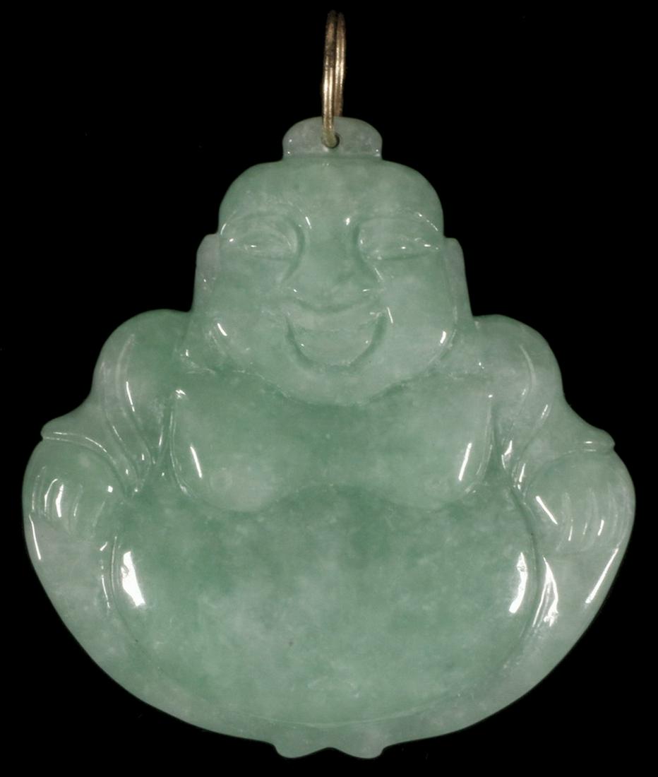 JADEITE BUDDHA PENDANT, 14K YELLOW GOLD BAIL: Jadeite Buddha Pendant with 14K yellow gold bail, 2" long, 2" wide.
