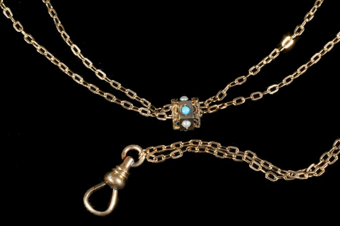 PEARL & TURQUOISE BEAD LADY'S SLIDE WATCH CHAIN, GOLD: Slide Watch Chain, gold filled with pearl and turquoise bead slide, ca.1905, 24" long. Fine condition.