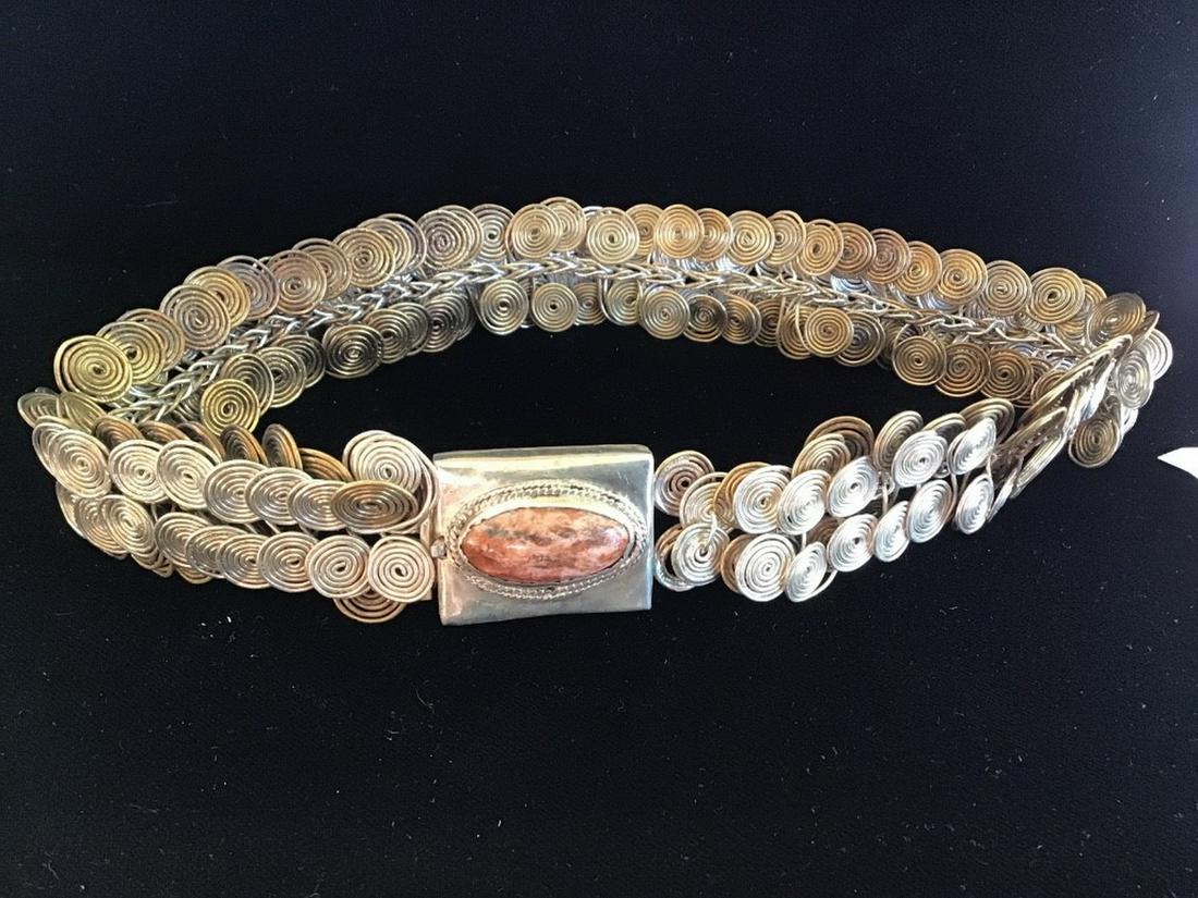DESIGNER NECKLACE: Handmade Designer Coiled Silver and Brass Wire Necklace, the clasp is set with an oval cabochon stone and stamped 'CARR', 1 1/2" WIDE, 19" long. Very good condition.