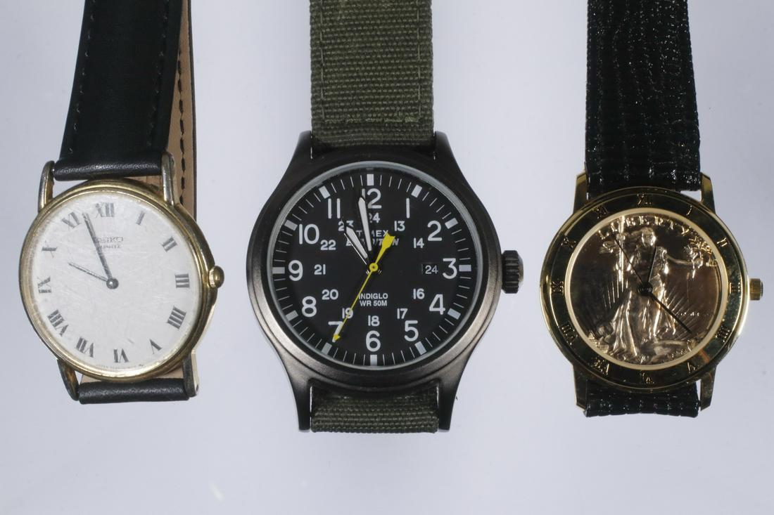 (3) GENT'S WRISTWATCHES - TIMEX, SEIKO, LIBERTY COIN (1 of 3)