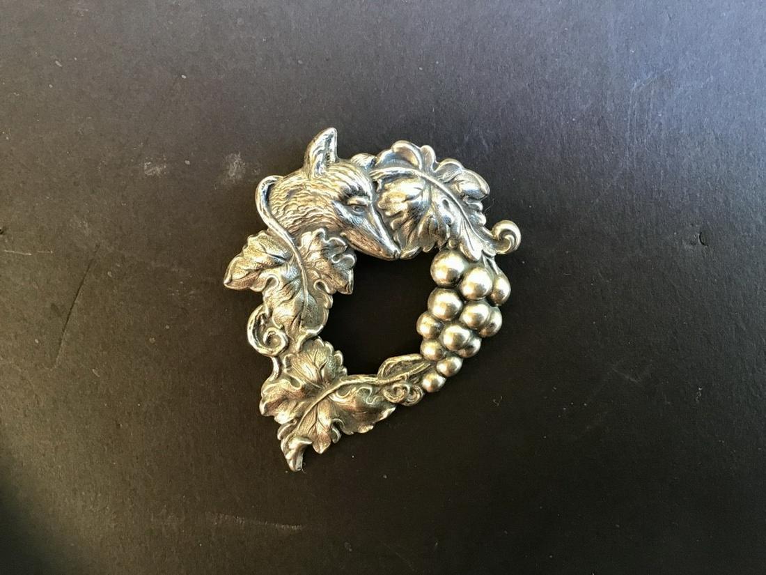 STERLING BROOCH: Vintage Sterling Silver Repousse Fox and Grape Design Brooch, circa 1930, 3" high, 2" wide. Fine condition.